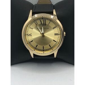 Anthony Jacobs Unisex Black Leather Analog Gold Dial Quartz Genuine Watch OP352